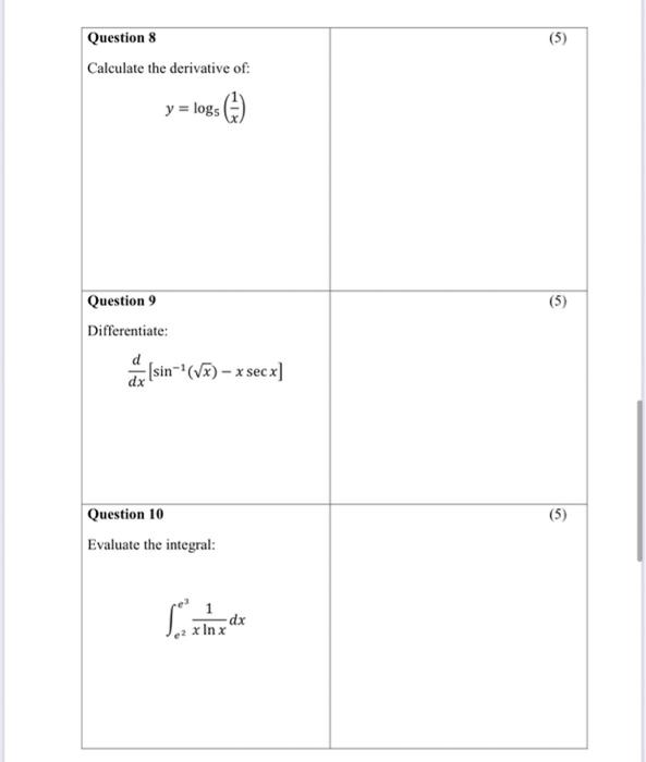 Solved Question 8 5 Calculate The Derivative Of Y Logs Chegg Com