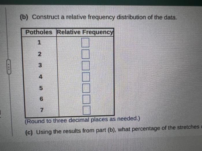 (b) Construct a relative frequency distribution of the data.
(Round to three decimal places as needed.)
(c) Using the results