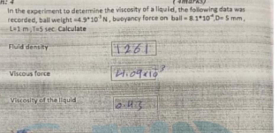 Solved In the experiment to deterrine the viucosity of a | Chegg.com