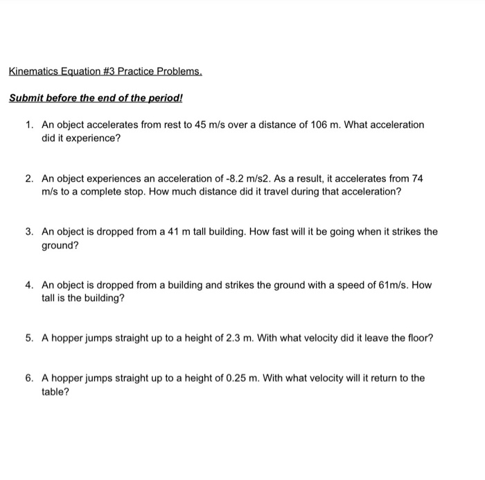 problem solving with kinematics equation 3 class work answer key