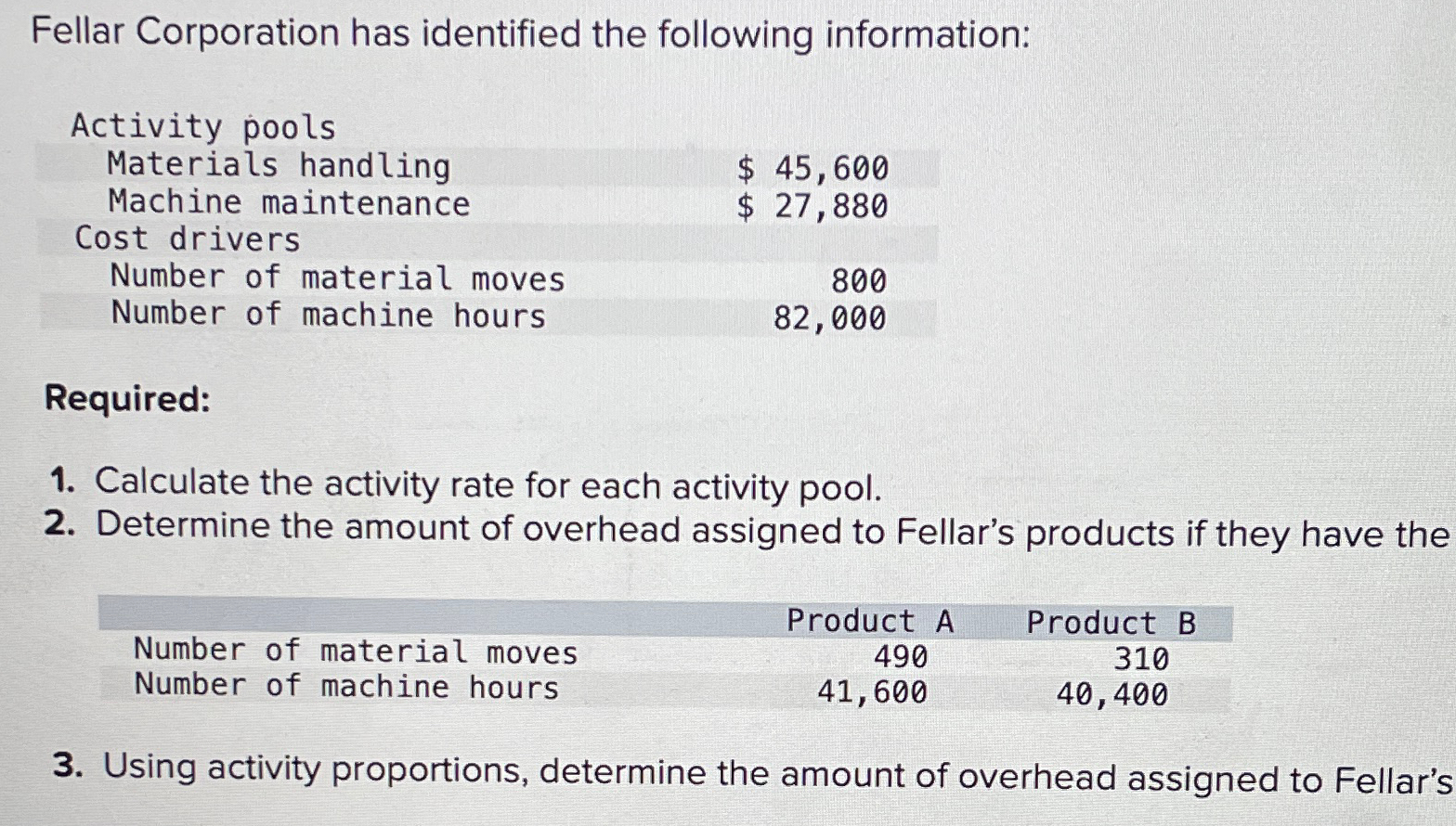 Solved Fellar Corporation has identified the following | Chegg.com