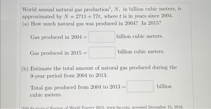 Solved World annual natural gas production 1,N, in billion | Chegg.com
