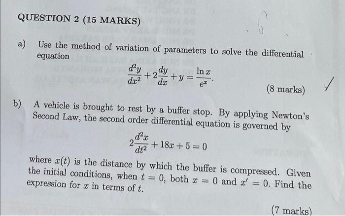 Solved a) Use the method of variation of parameters to solve | Chegg.com