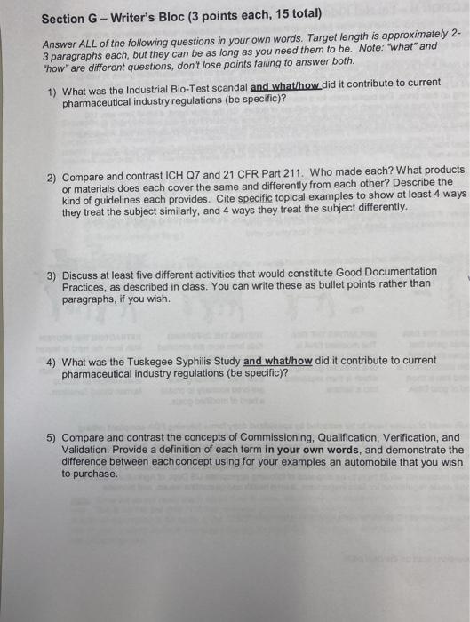 Section G-Writers Bloc (3 points each, 15 total) Answer ALL of the following questions in your own words. Target length is a