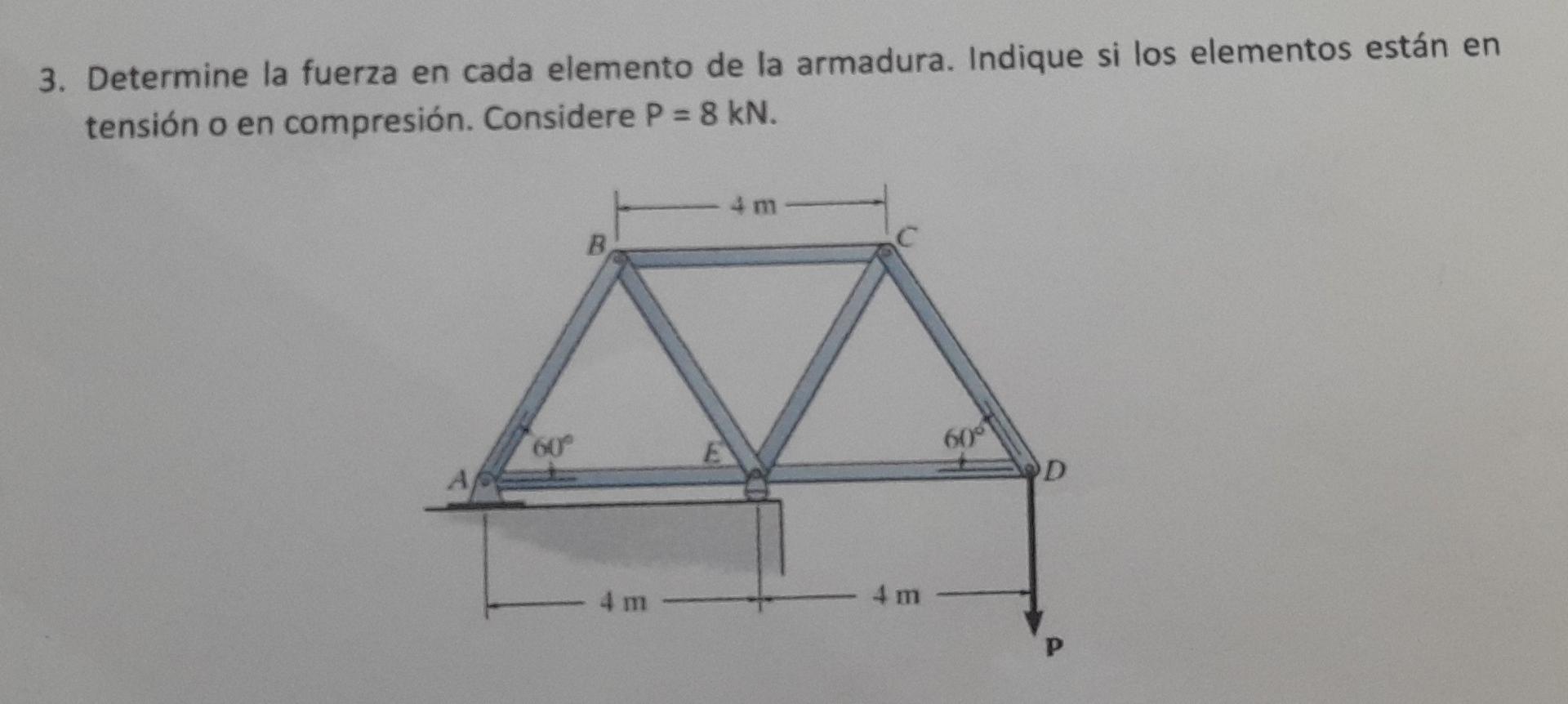 3. Determine la fuerza en cada elemento de la armadura. Indique si los elementos están en tensión o en compresión. Considere