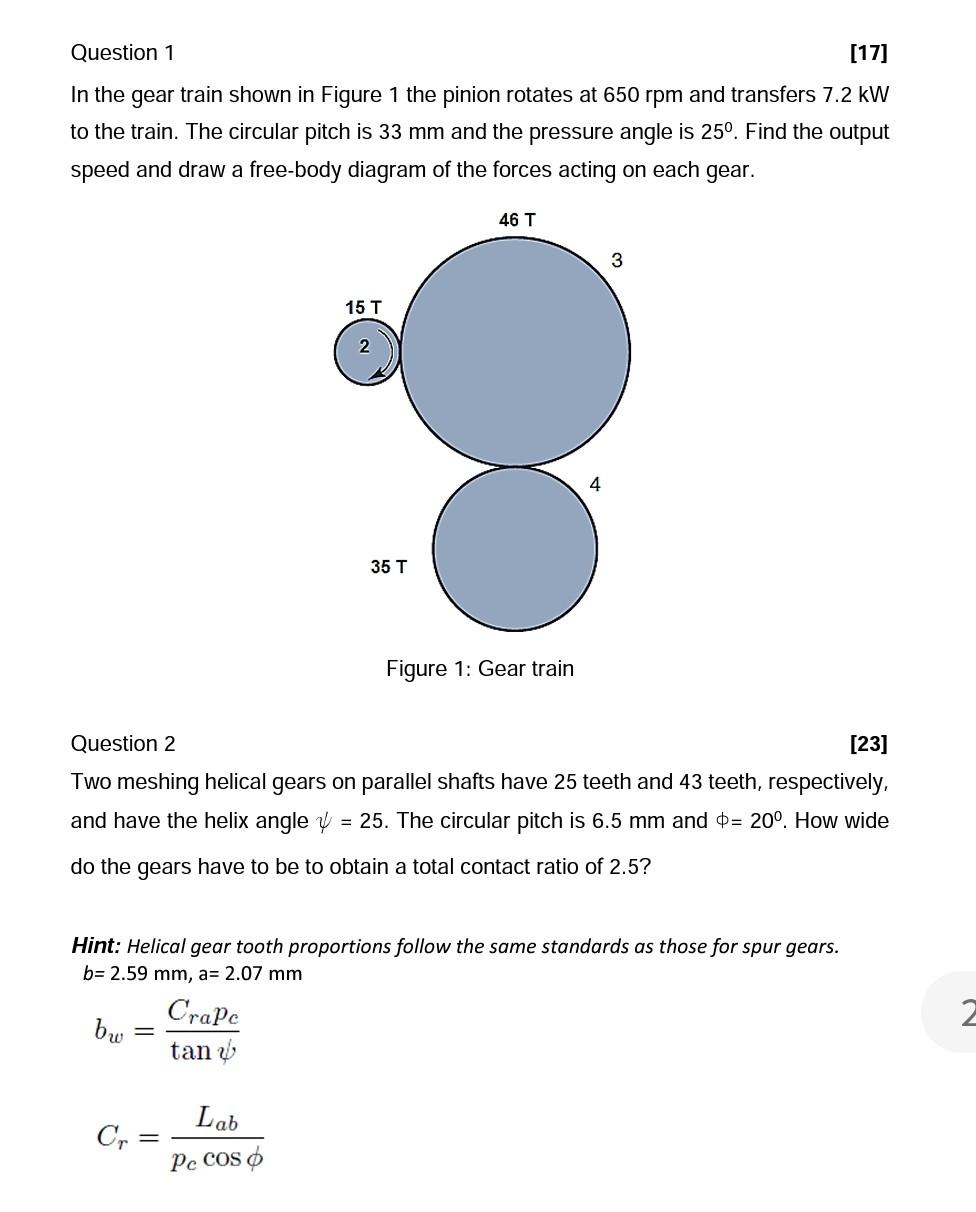 Solved Question 1 [17] In the gear train shown in Figure 1 | Chegg.com