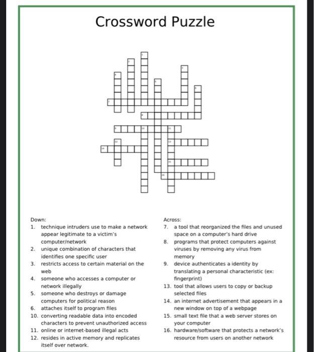Solved Crossword Puzzle Down 1. technique intruders use to
