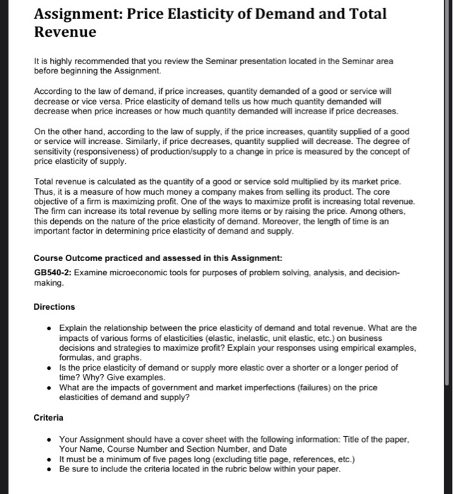 Solved Assignment Price Elasticity Of Demand And Total Chegg Com