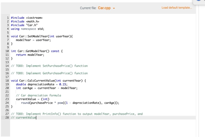 Current file: Car.cpp Load default template... 9 1 #include <iostream> 2 #include <math.h> 3 #include Car.h 4 using namespa