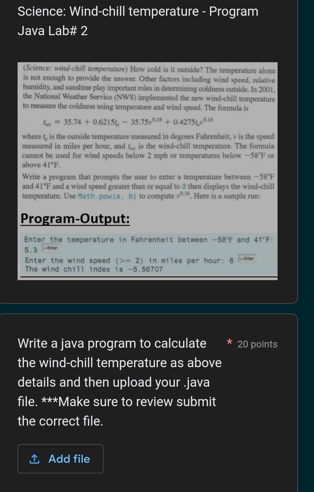 Solved Science: Wind-chill temperature - Program Java Lab# 2 | Chegg.com
