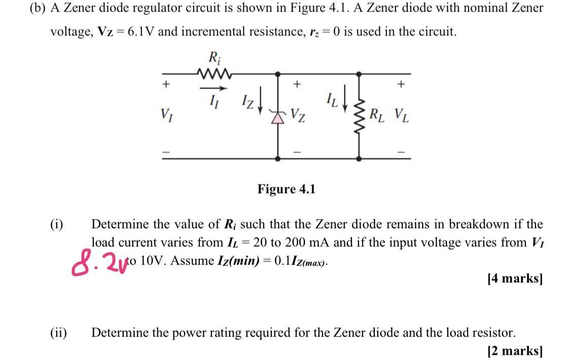 Solved (b) A Zener Diode Regulator Circuit Is Shown In | Chegg.com