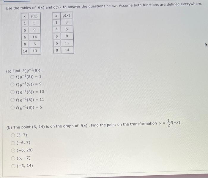 Solved Use the tables of f(x) and g(x) to answer the | Chegg.com
