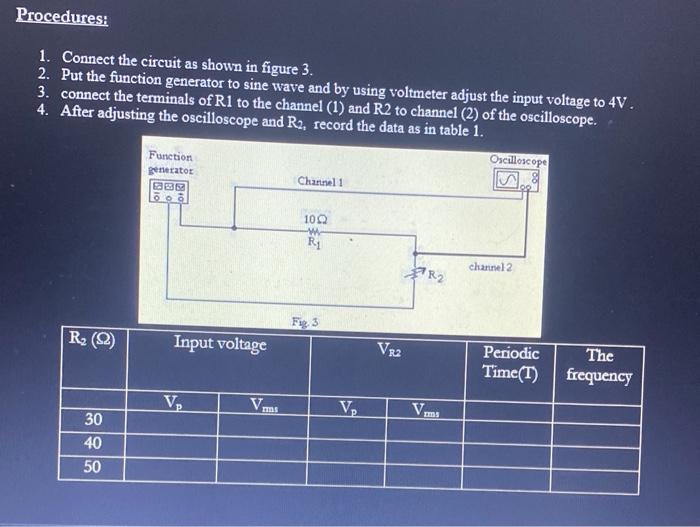 Procedures:
1. Connect the circuit as shown in figure 3.
2. Put the function generator to sine wave and by using voltmeter ad