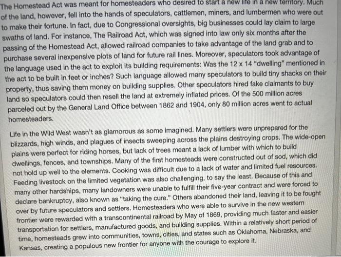 Which BEST Explains Why The Homestead Act Was Chegg Com   Image