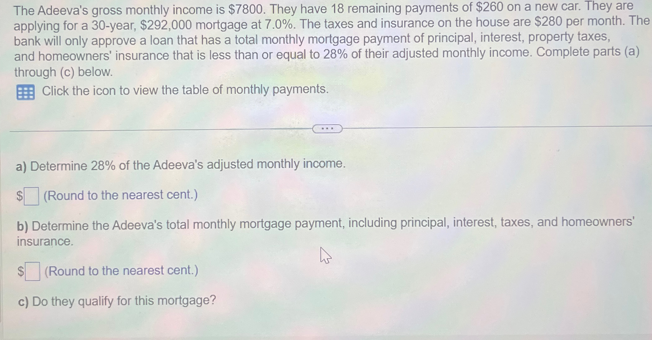 Solved The Adeeva's gross monthly income is $7800. ﻿They | Chegg.com