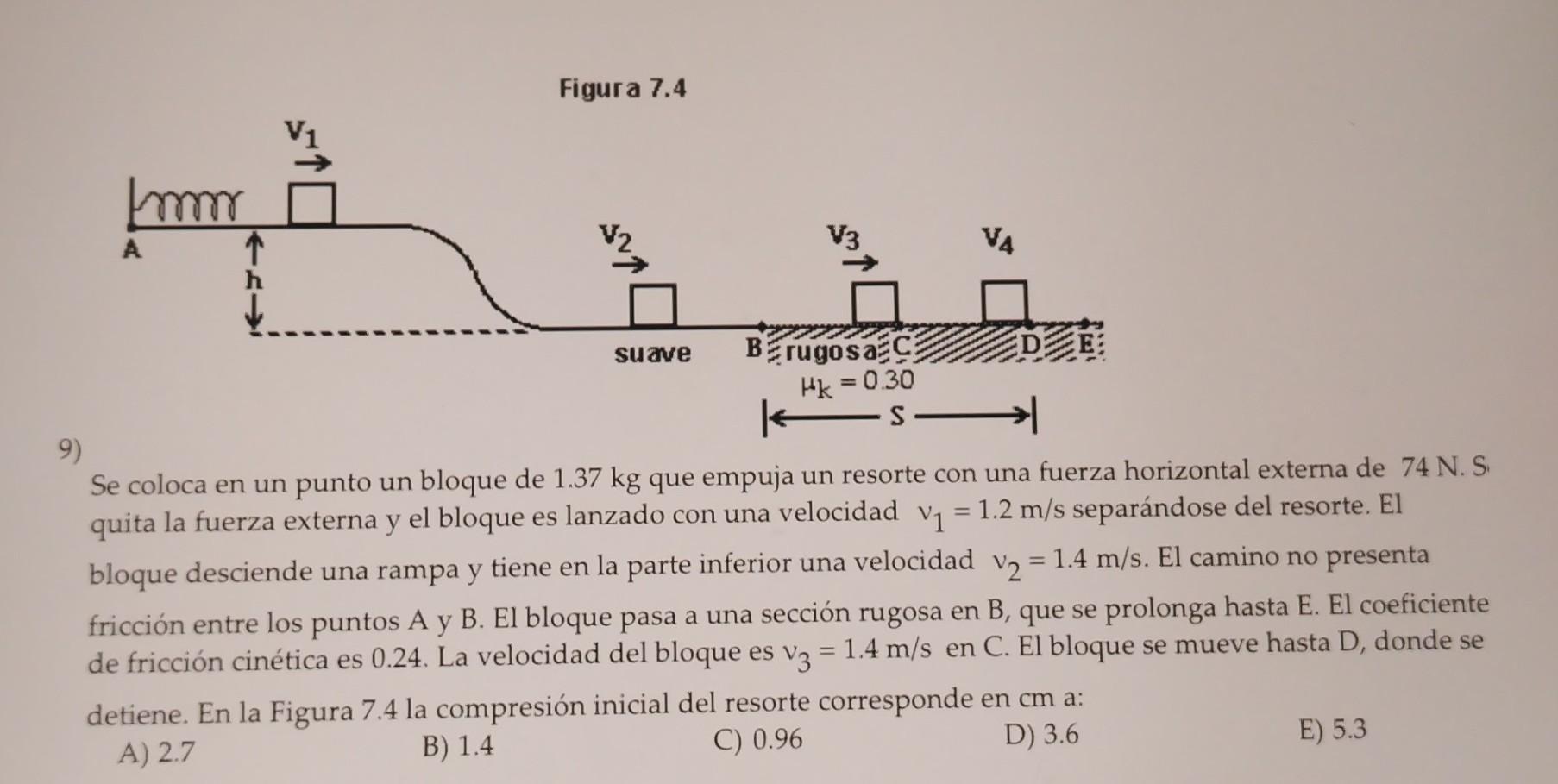 Finura 7.4 Se coloca en un punto un bloque de \( 1.37 \mathrm{~kg} \) que empuja un resorte con una fuerza horizontal extern