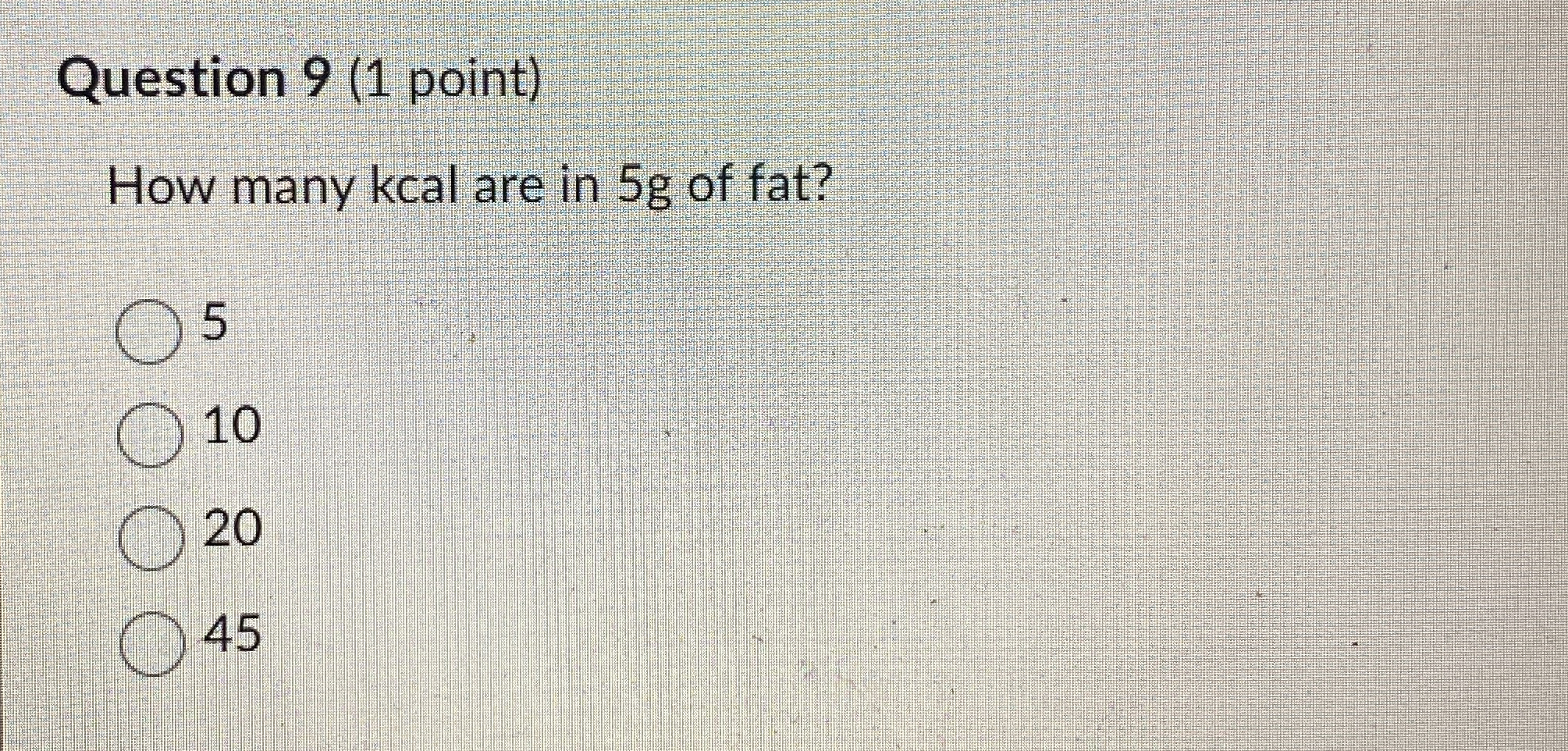 Solved Question 9 (1 ﻿point)How many kcal are in 5 ﻿g of | Chegg.com