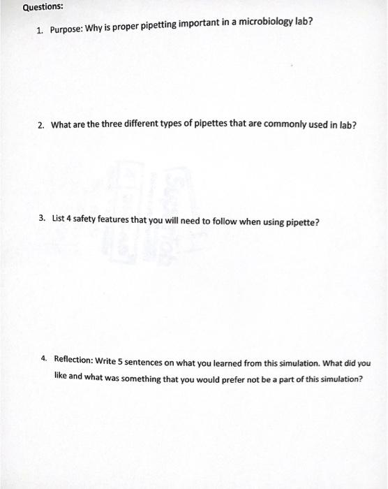 Questions 1. Purpose Why is proper pipetting