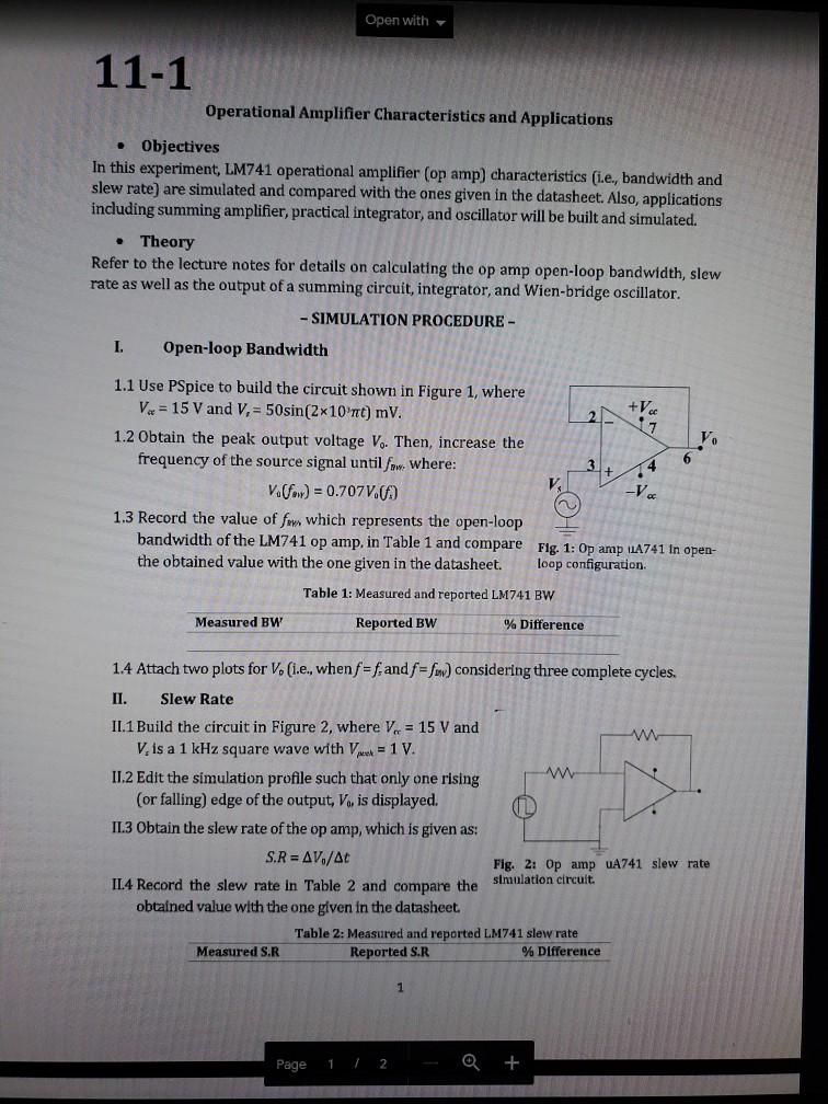 Open with 111 Operational Amplifier Characteristics
