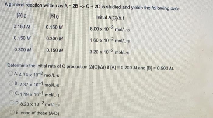 Solved A general reaction written as A + 2B -> C+ 2D is | Chegg.com