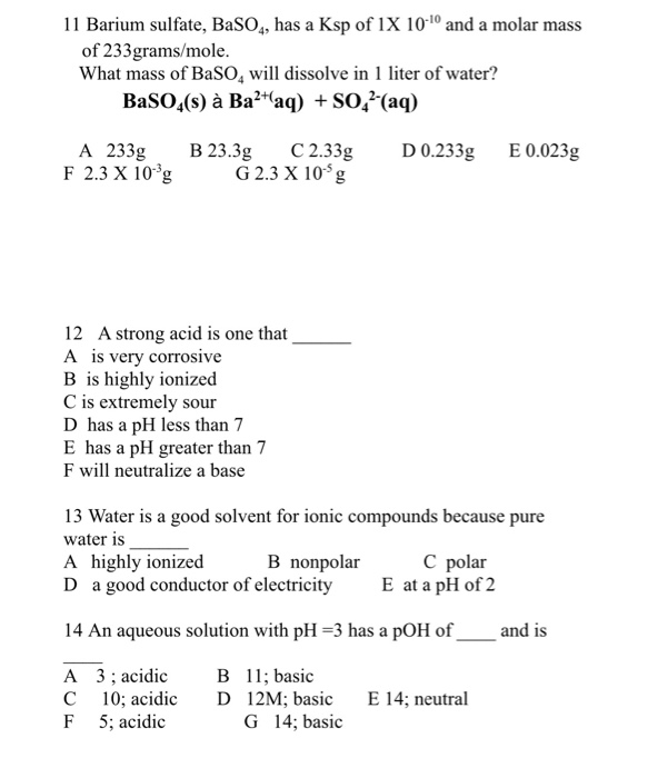 Solved 11 Barium Sulfate Baso4 Has A Ksp Of 1x 100 And Chegg Com