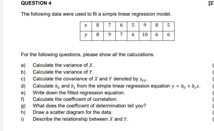 Solved The Following Data Were Used To Fit A Simple Linear | Chegg.com