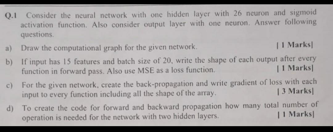 Solved Q.1 Consider the neural network with one hidden layer | Chegg.com