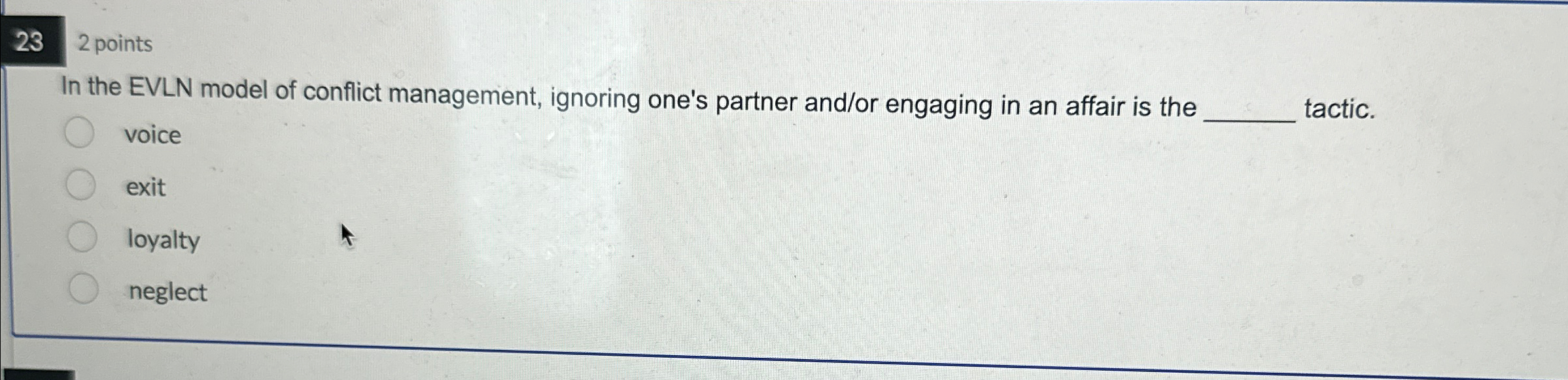 Solved 232 ﻿pointsIn the EVLN model of conflict management, | Chegg.com