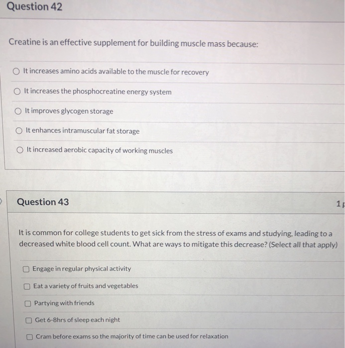 Solved Question 42 Creatine is an effective supplement for | Chegg.com