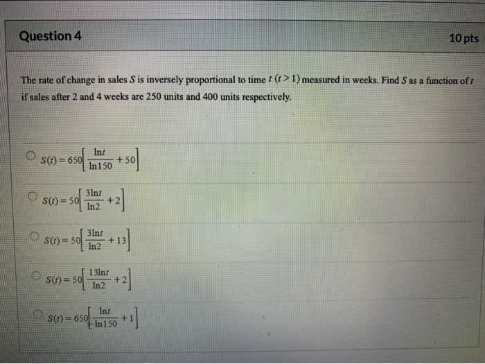 Solved Question 4 10 pts The rate of change in sales S is | Chegg.com
