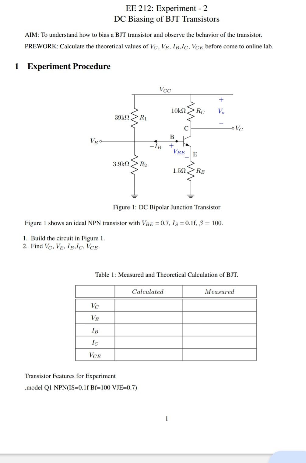 Solved EE 212 Experiment 2 DC Biasing of BJT Transistors