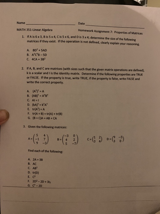 Solved Name Date MATH 351-Linear Algebra Homework Assignment | Chegg.com
