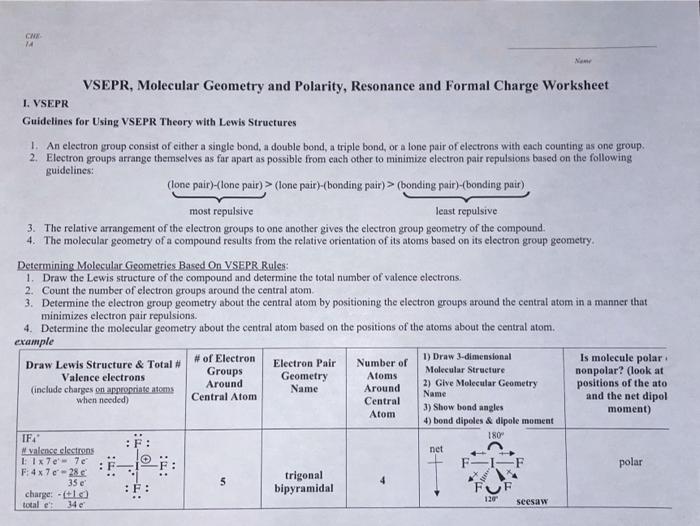 CHE TA VSEPR, Molecular Geometry and Polarity, | Chegg.com