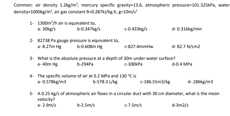 Solved Common: air density 1.2kg/m3, mercury specific | Chegg.com