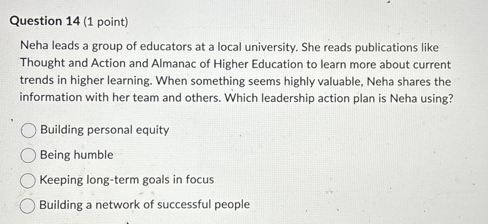 Solved Question 14 (1 ﻿point)Neha leads a group of educators | Chegg.com