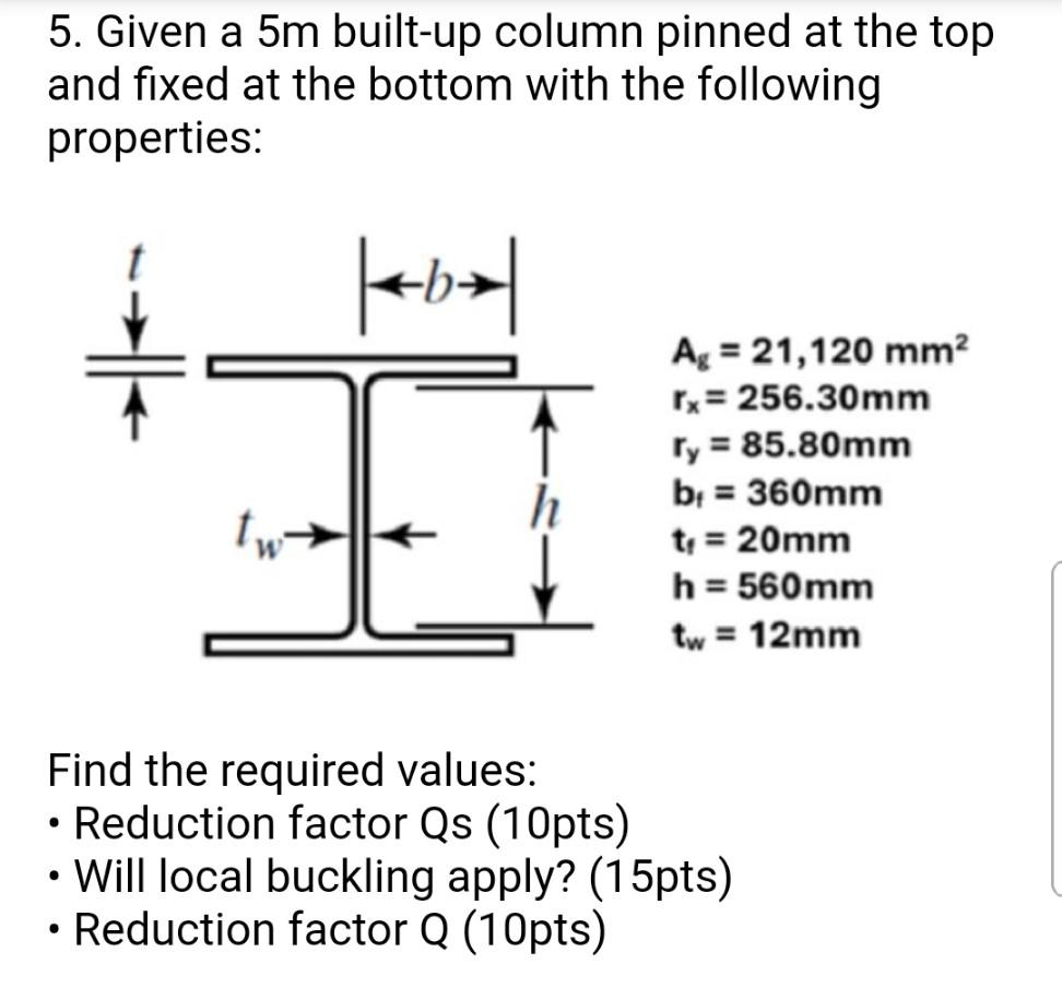Solved 5. Given a 5m built-up column pinned at the top and | Chegg.com