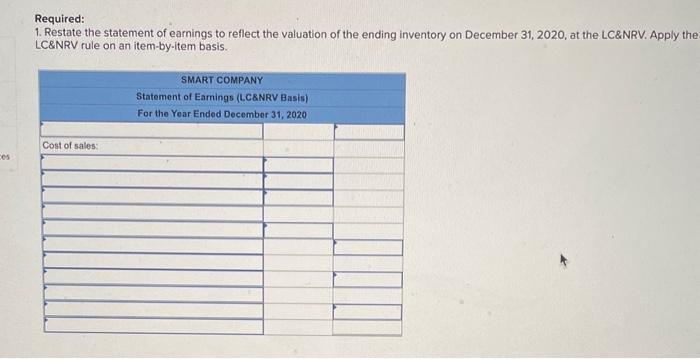 Required:
1. Restate the statement of earnings to reflect the valuation of the ending inventory on December 31, 2020, at the 