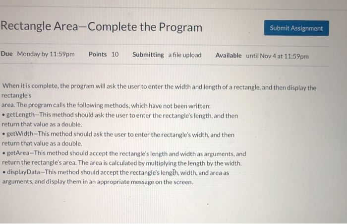 Solved Rectangle Area-Complete the Program Submit Assignment | Chegg.com