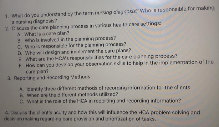 1. What do you understand by the term nursing diagnosis? Who is responsible for making a nursing diagnosis? 2. Discuss the ca