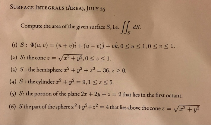Solved Surface Integrals Area July 25 Compute The Area Chegg Com