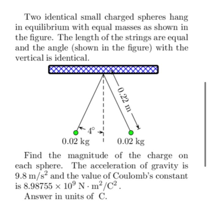 Solved Two identical small charged spheres hang in | Chegg.com