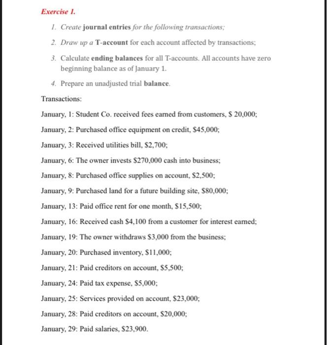 Solved Exercise I. 1. Create journal entries for the | Chegg.com