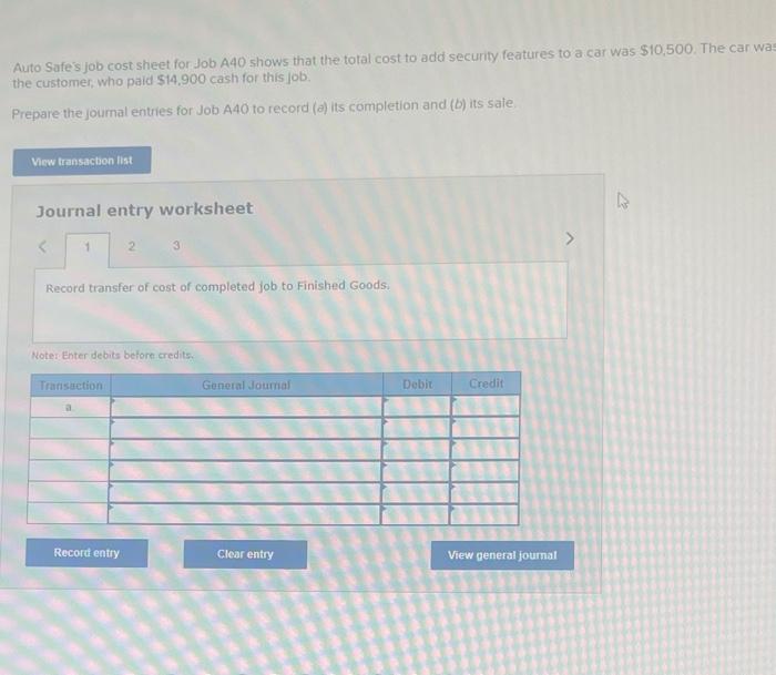 Solved Auto Safe's job cost sheet for Job A40 shows that the