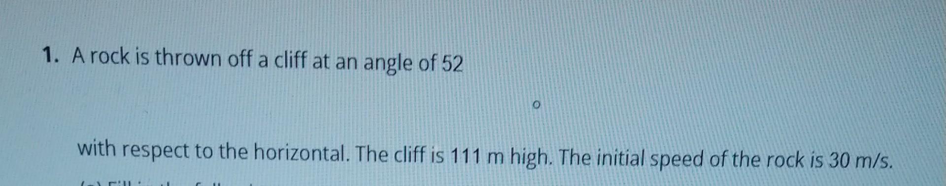 Solved 1. A rock is thrown off a cliff at an angle of 52 O) | Chegg.com