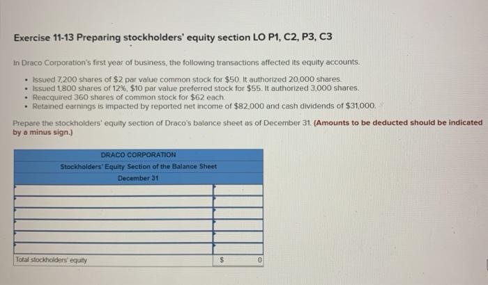 Solved Exercise 11-13 Preparing Stockholders' Equity Section | Chegg.com