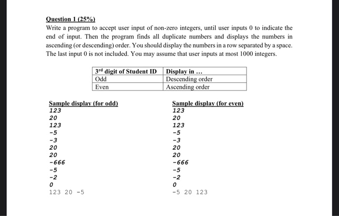 Solved Question 1 (25%) Write a program to accept user input | Chegg.com