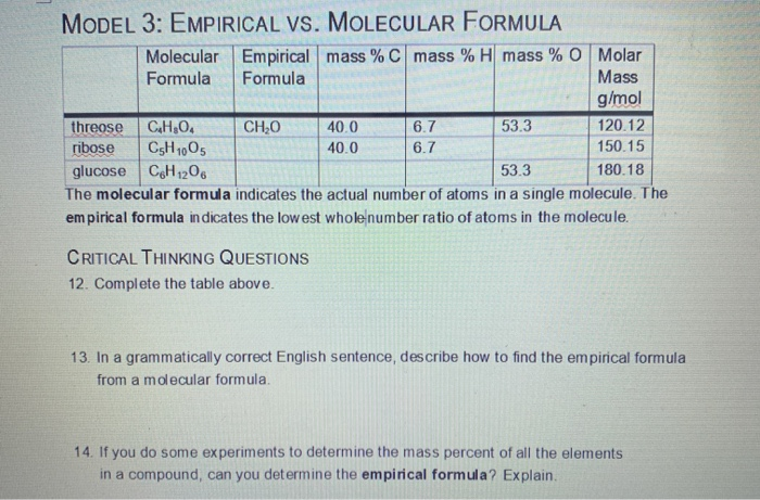 Solved Model 3 Empirical Vs Molecular Formula Molecular 1632