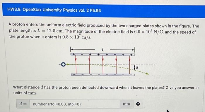 A proton enters the uniform electric field produced by the two charged plates shown in the figure. The plate length is \( L=1