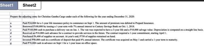 Solved Sheet1 Sheet2 Prepare The Adjusting Entry For | Chegg.com