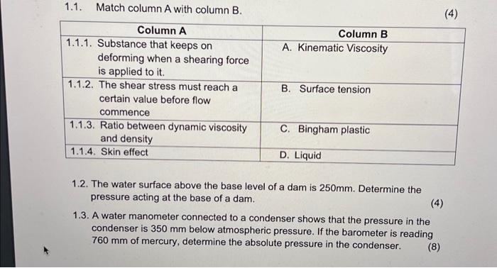 Solved 1.1. Match column A with column B. (4) 1.2. The water | Chegg.com